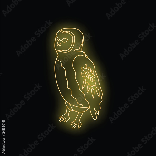 Neon yellow line art of an owl standing, drawn in profile facing left