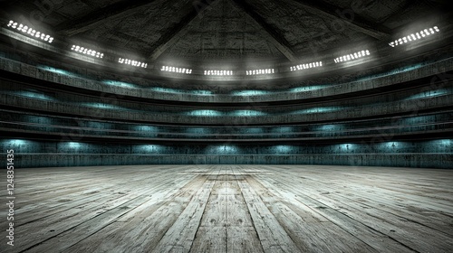 Empty futuristic arena interior, light beams, wood flooring, potential use for commercial space background photo