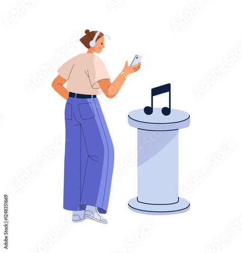 Young woman with mobile phone listens to music with headphones. Girl with headset enjoys with audio by smartphone. Concept of online streaming service. Flat isolated vector illustration on white