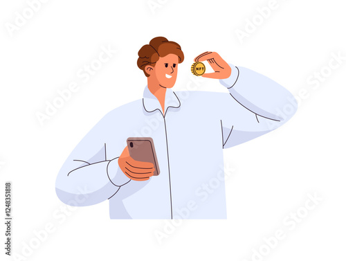 Person holds NFT token in hand. Man buys with digital money at blockchain. Payment with virtual non fungible coin. Cryptocurrency market concept. Flat isolated vector illustration on white background
