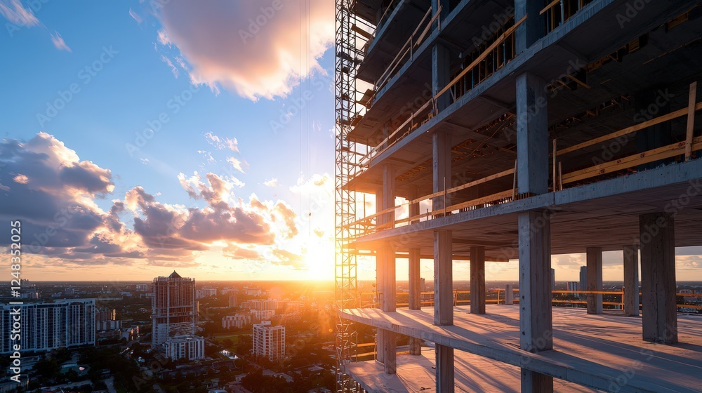 Fototapeta premium Aerial view of a city skyline with high rise buildings and residential apartment construction in progress