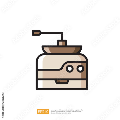Stylized Icon of a Vintage Coffee Grinder Depicting a Kitchen Appliance for Brewing Fresh Coffee with a Manual Handle and Simple Design on a White Background