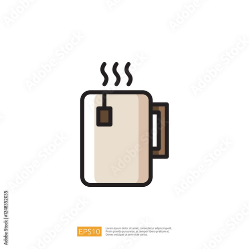 Illustration of a Brown and Cream Colored Mug with Steaming Tea Bag in a White Background Representing Comfort and Relaxation in Beverage Experience