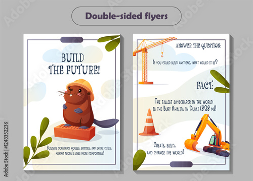 Double-sided vector flyer with a cartoon beaver builder in a helmet. The back has a construction fact, question, and art. Great for career fairs, education, and kids activities.