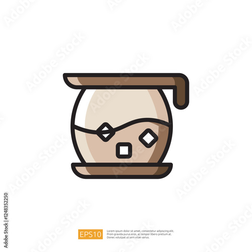 Stylized Coffee Cup Icon with Cream and Brown Colors in a Minimalist Design Featuring a Saucer and Square Accents