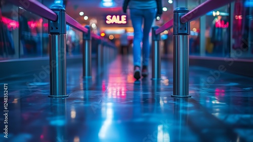 Neon-lit shopping mall with sale sign featuring a modern urban atmosphere photo