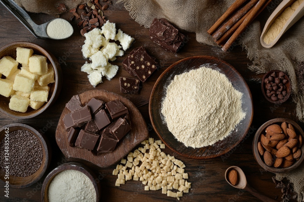 Assorted baking ingredients arranged on rustic table Assorted baking ingredients arranged on rustic table