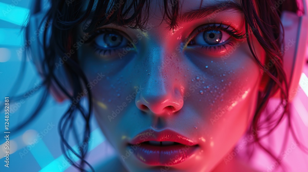A face, bathed in vibrant, electric hues, with intricate, swirling patterns and neon-lit accents, blending seamlessly into a dreamlike, cinematic atmosphere. A face, bathed in vibrant, electric hues, with intricate, swirling patterns and neon-lit accents, blending seamlessly into a dreamlike, cinematic atmosphere.