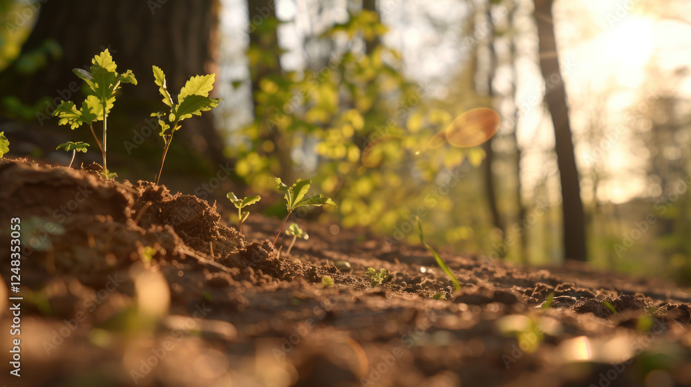 Young Green Plants Growing in Soil with Sunlight Filtering Through Trees, Capturing the Beauty of Nature and New Life in a Forest Setting Young Green Plants Growing in Soil with Sunlight Filtering Through Trees, Capturing the Beauty of Nature and New Life in a Forest Setting