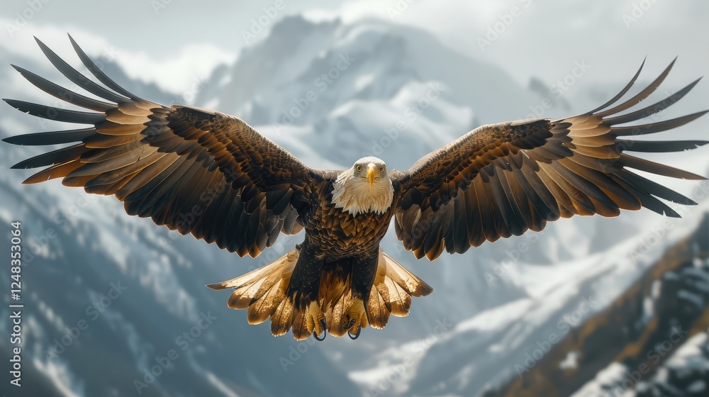 Obraz premium An eagle flying with wings wide open. Mountains in the background.