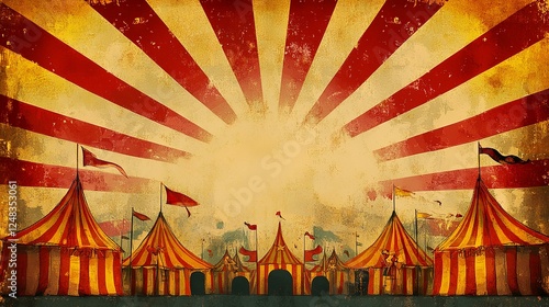 Vintage Circus Tent Scene Festive striped tents under a sunburst backdrop, ideal for event posters or nostalgic designs