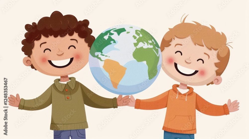 Children holding a globe, promoting friendship and unity, celebrating diversity and environmental awareness in a playful illustration Children holding a globe, promoting friendship and unity, celebrating diversity and environmental awareness in a playful illustration