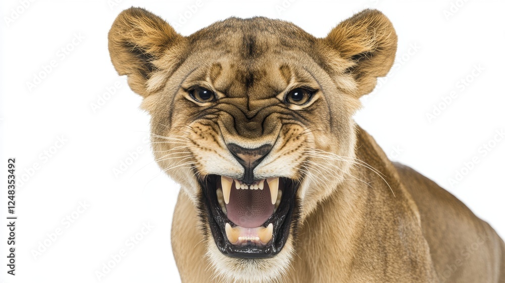 Naklejka premium Fierce Lioness Displaying Powerful Roar in Captivating Portrait