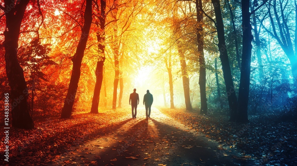 Autumnal path, two figures, colorful trees, mystical light. Stock image for nature, fantasy, or art Autumnal path, two figures, colorful trees, mystical light. Stock image for nature, fantasy, or art