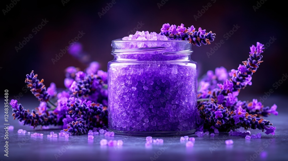 Lavender bath salts jar, dark background, spa (1) Lavender bath salts jar, dark background, spa (1)