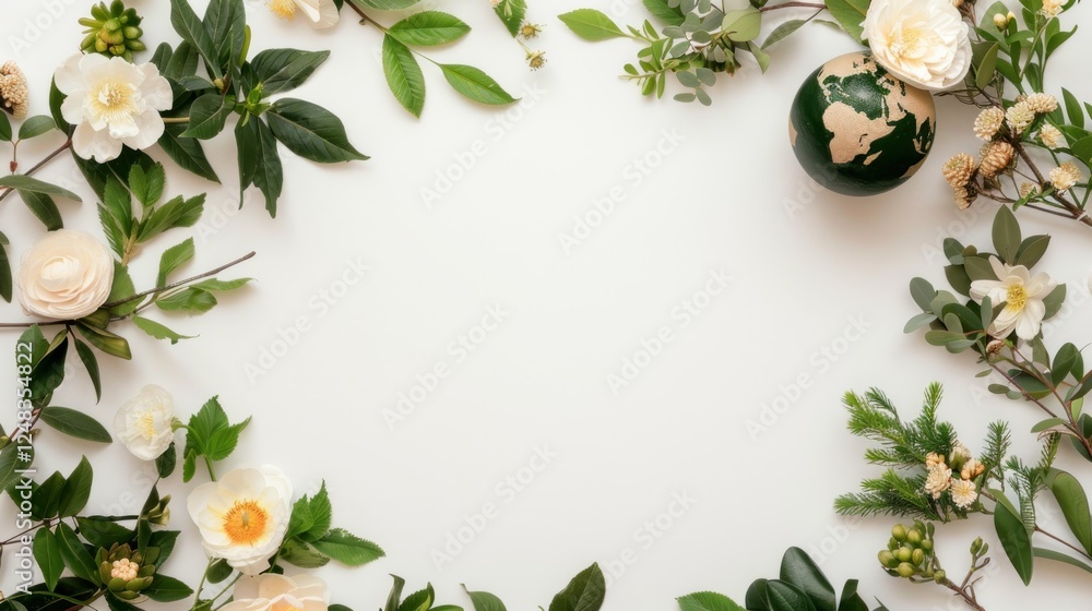 Floral Arrangement with Green Globe on White Background Showcasing Nature and Environmental Awareness for Seasonal and Promotional Use Floral Arrangement with Green Globe on White Background Showcasing Nature and Environmental Awareness for Seasonal and Promotional Use