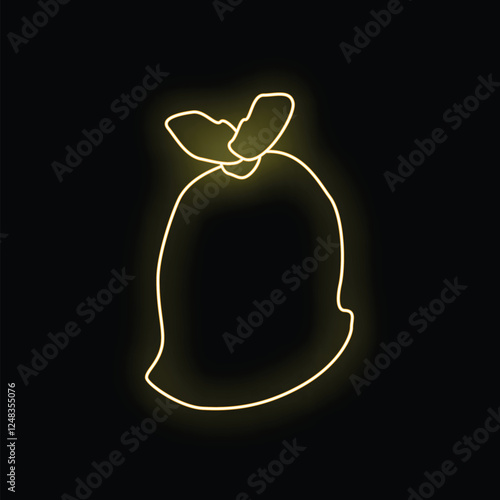 Yellow neon sign of a full trash bag tied with rope glowing on a black background