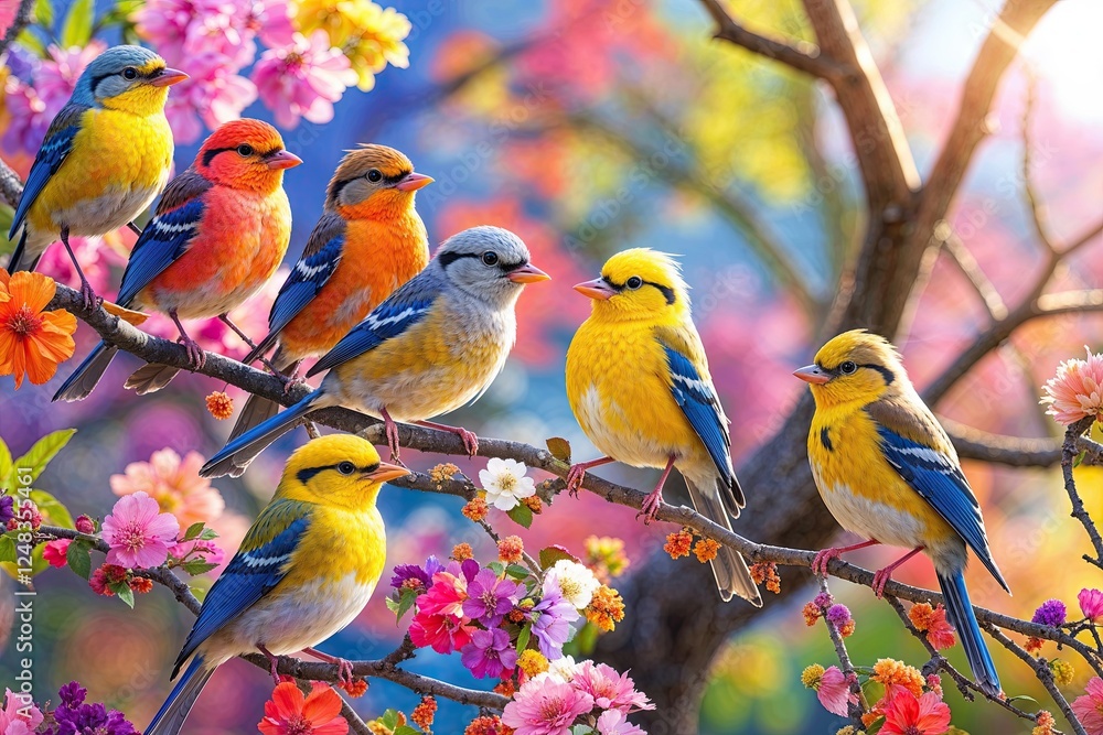 Obraz premium A Vibrant Gathering of Cheerful Birds Bantering on Colorful Branches Under Spring Sunlight