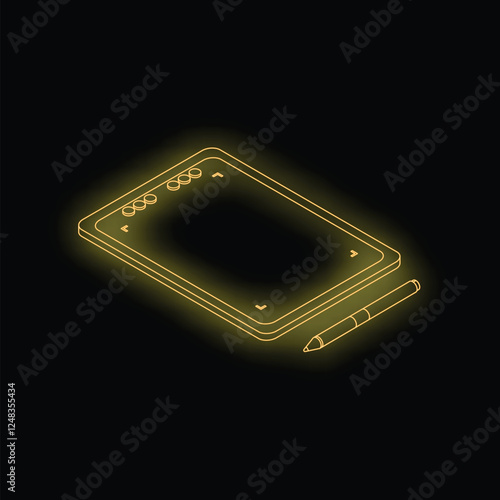 Yellow neon graphic tablet with a pen lying next to it, rendered in an isometric view on a black background