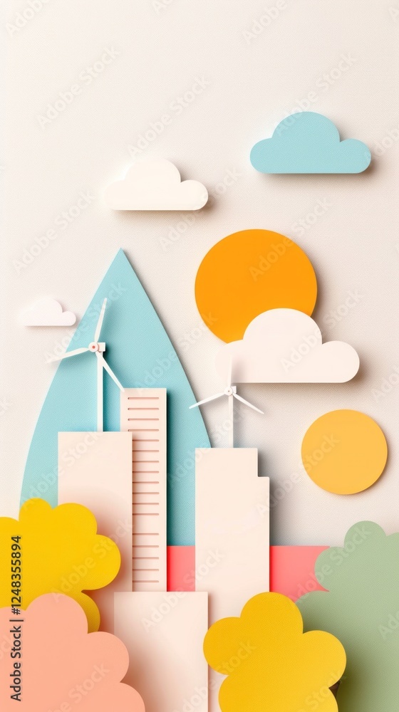 Paper eco-friendly with Wind Turbines, Clouds, and Sun in a Creative Urban Setting Paper eco-friendly with Wind Turbines, Clouds, and Sun in a Creative Urban Setting