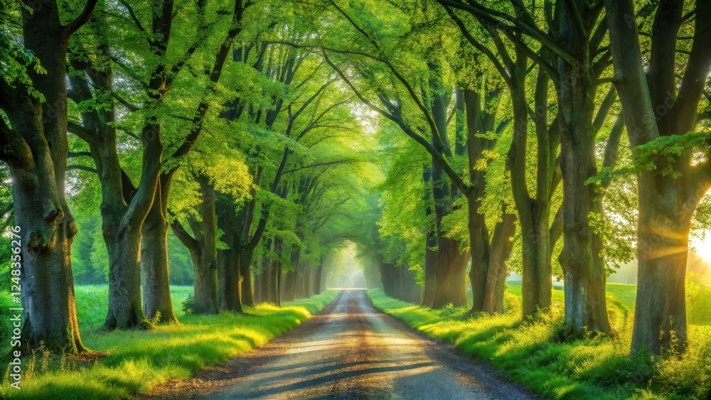 Obraz premium Serene Pathway Through a Lush Canopy of Vibrant Green Trees on a Sunny Morning