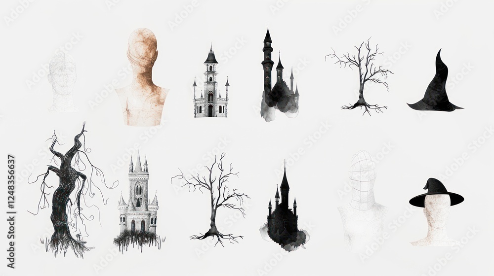 Surreal Artistic Composition with Ghostly Figures, Eerie Trees, and Haunted Architecture Ideal for Halloween or Fantasy Themes Surreal Artistic Composition with Ghostly Figures, Eerie Trees, and Haunted Architecture Ideal for Halloween or Fantasy Themes