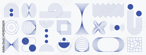 Abstract minimal element mid century vector set. Aesthetic contemporary stripe line art, geometric shape in blue. Art form design for wall art, decoration, wallpaper.