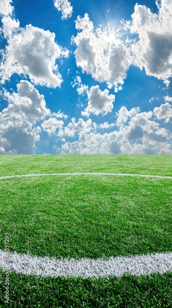 Obraz premium Soccer field with vibrant blue sky and clouds. Possible stock photo use
