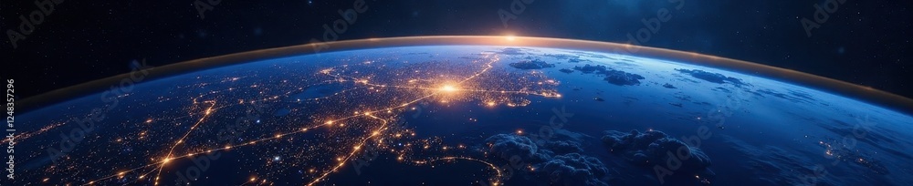 Fototapeta premium Satellite in Earth's orbit, showcasing city lights at night , city, atmosphere, dark