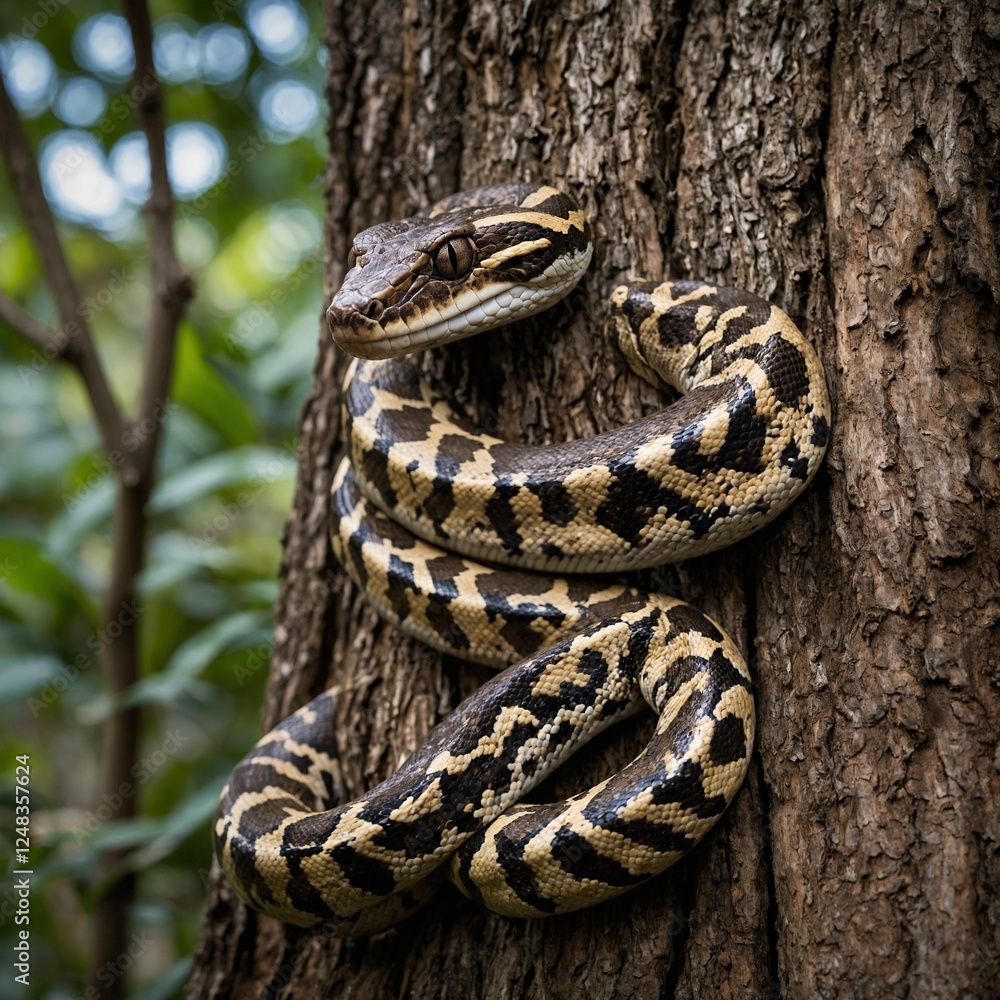 Obraz premium A boa constrictor coiled on a tree branch with sunlight filtering through the leaves. Boa constrictor wrapping around its prey for a suffocating embrace