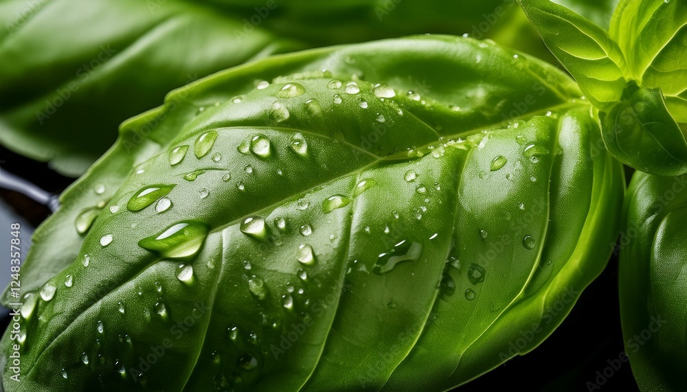 Fototapeta premium A detailed shot of a fresh basil leaf with tiny water droplets on its surface, emphasizing its vibrant green color and delicate texture. 