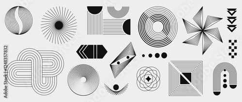 Abstract minimal element mid century vector set. Aesthetic contemporary stripe line art, geometric shape in monochrome. Art form design for wall art, decoration, wallpaper.