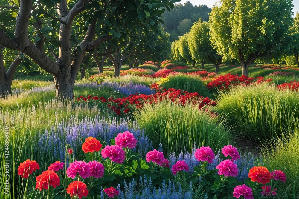 Fototapeta premium Lush Summer Landscape of Tall Grass Dazzling Geraniums and Flourishing Orchard Trees