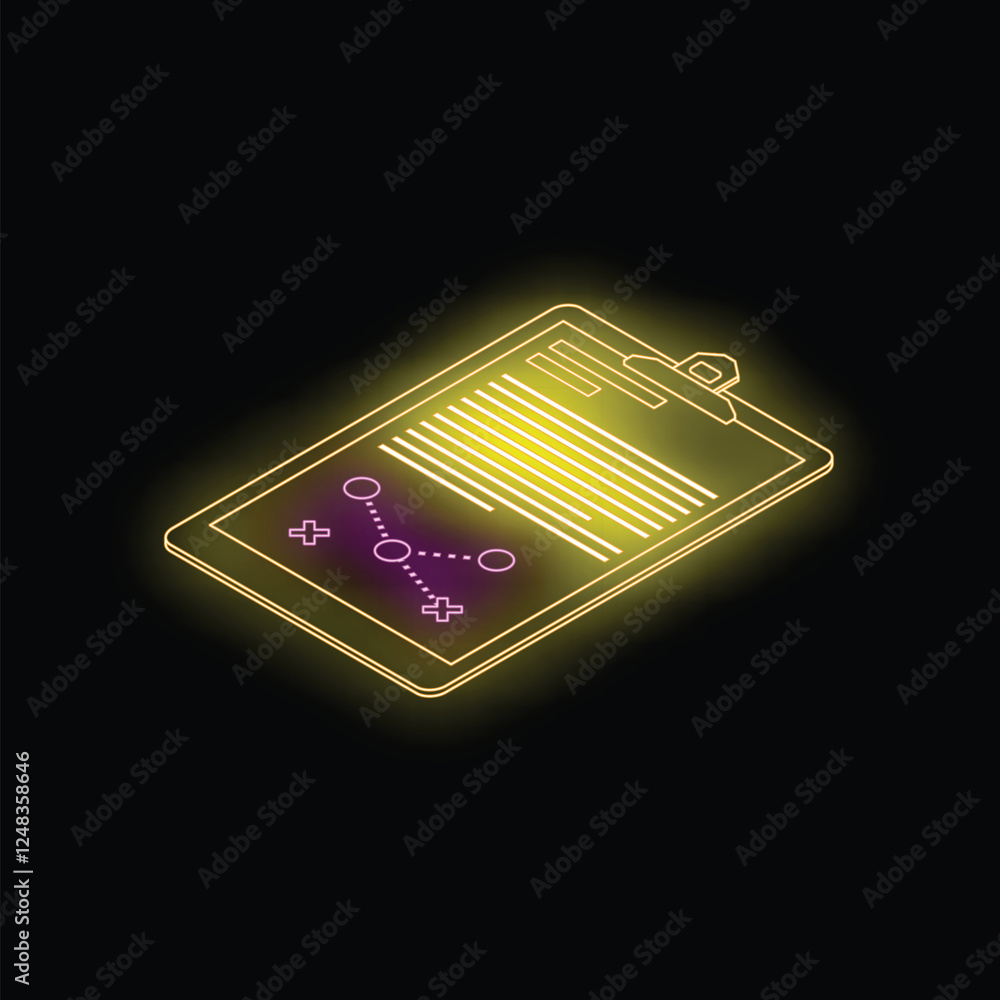 Neon clipboard showing analytics with a graph and plus signs, representing data analysis and business success Neon clipboard showing analytics with a graph and plus signs, representing data analysis and business success