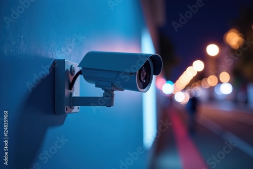 Close-up of security camera on blue wall Modern surveillance technology , data, copy space, clear