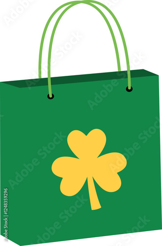 Paper bag with clover pattern. 
St. Patrick's day shopping paper bag flat vector illustration.
Saint Patricks day gift bag icon isolated. 
Transparent background.	