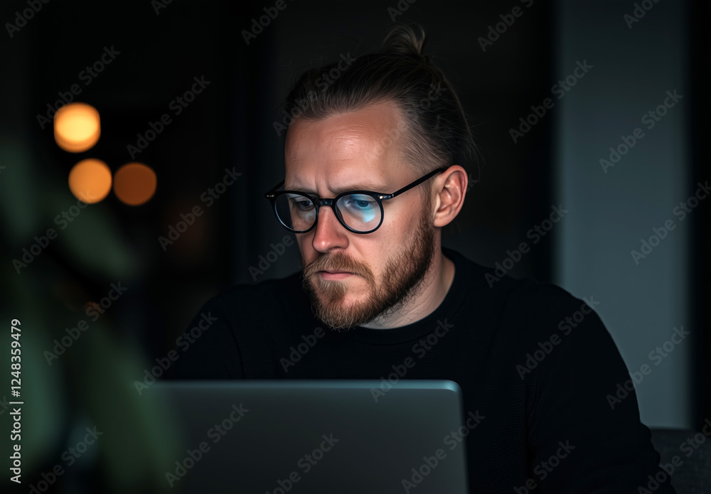 Serious young businessman working on laptop in dark office, focused entrepreneur in modern workplace
Serious young businessman working on laptop in dark office, focused entrepreneur in modern workplace