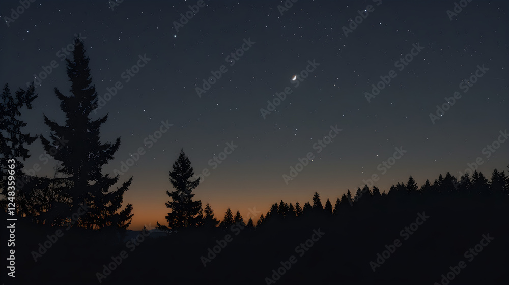 A close-up view of the moon and stars over a silhouetted forest at night


