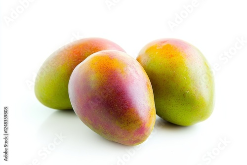 Three ripe mangoes, studio, white background, fresh produce photo