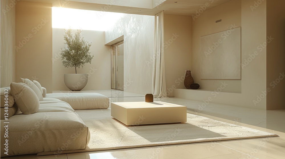 Fototapeta premium A minimalist living room with a cream, beige, and white color palette. The room features minimal furniture, including a modern sofa and a coffee table in front of it.
