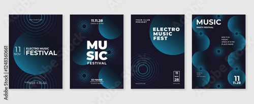 Music poster design background vector set. Electro Sound Cover template with vibrant abstract gradient geometric shape and line wave. Ideal design for social media, flyer, party, music festival, club.