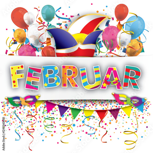 White Bunter Text Februar mit Narrenkappe, bunten Luftballons, Girlanden und Konfetti