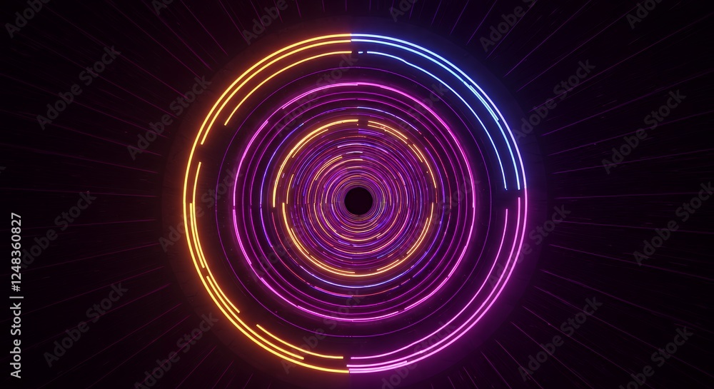 Abstract circular design with neon colors, creating a futuristic visual effect. Abstract circular design with neon colors, creating a futuristic visual effect.