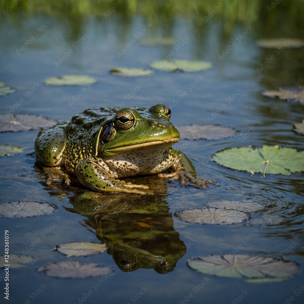 Fototapeta premium Life in Stages: Marsh Frog and Tadpoles in Calm Shallow Water Nature’s Feast: The Rain Whistling Frog Hunting in the Rainstorm Vibrant Environment with an Eungella Torrent Frog Leaping Across a Stream