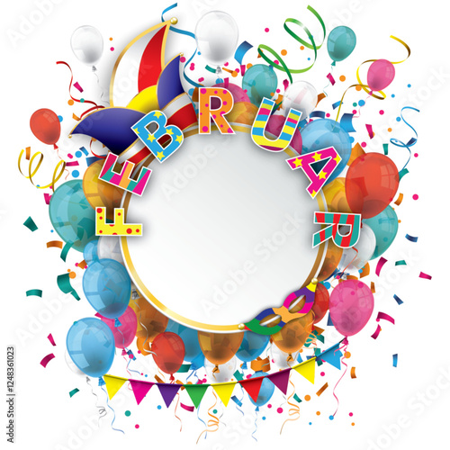 Bunter Text Februar mit Narrenkappe, bunten Luftballons, Girlanden und Konfetti