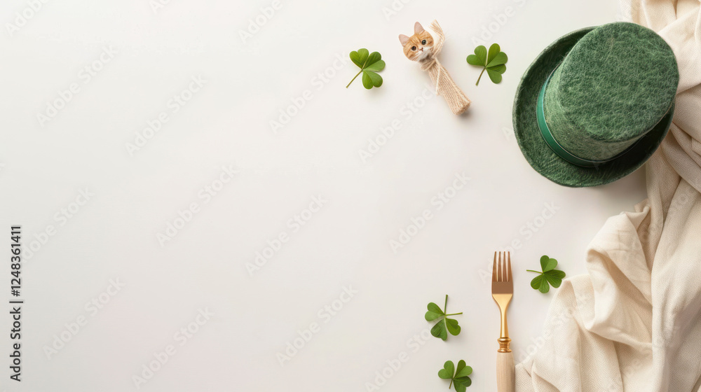 Green Top Hat and Shamrock Decor with Fork on Light Background for Saint Patrick's Day Celebration and Festive Table Setting Ideas Green Top Hat and Shamrock Decor with Fork on Light Background for Saint Patrick's Day Celebration and Festive Table Setting Ideas