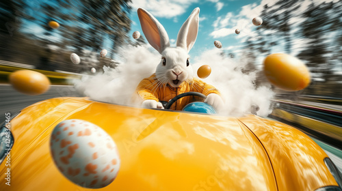 Osterhase als Rennfahrer fährt schnell und wirbelt Ostereier auf