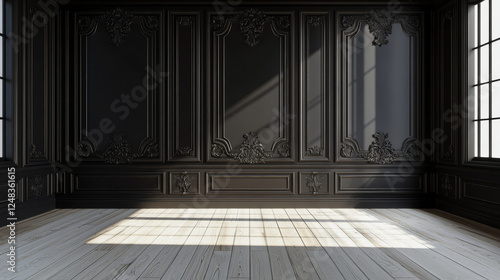 Fototapeta Naklejka Na Ścianę i Meble -  empty black wall with white wood floor 3d render illustration
