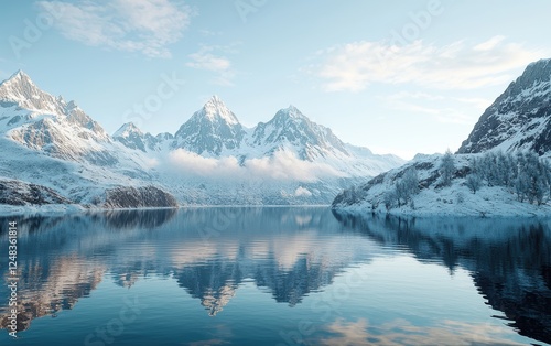 Crystal-clear alpine lake surrounded by snowy peaks, high-contrast professional edit