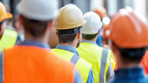 Gruppe von Arbeitern mit Fokus auf den Bauhelmen, symbolisiert die Themen Arbeitssicherheit und Unfallschutz photo